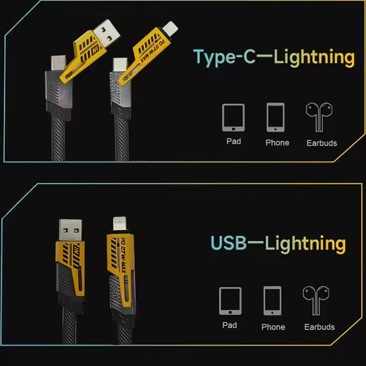 4-in-1 Multi USB PD Charging Cable – Type-C, Lightning & USB Fast Charger